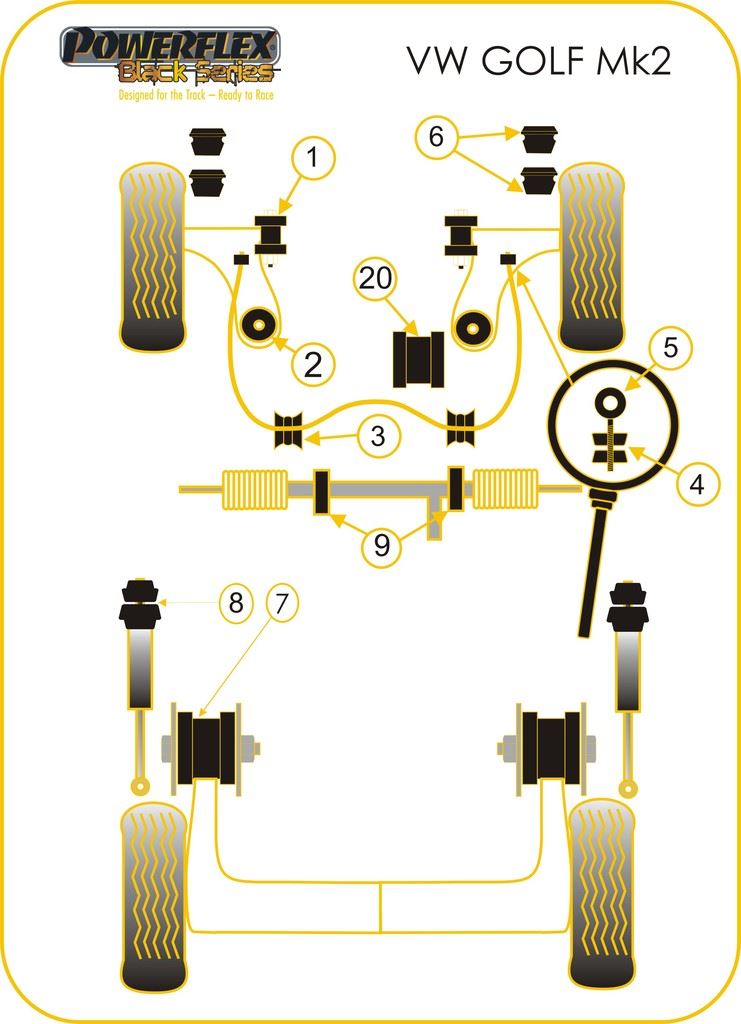 VW Golf MK2 2WD 1985-1992 PowerFlex Black Series Front Eye Bolt Mounting Bush