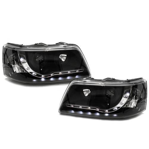 VW TRANSPORTER T5 INC CARAVELLE 2003-2010 BLACK DRL HEADLIGHTS HEADLAMPS PAIR