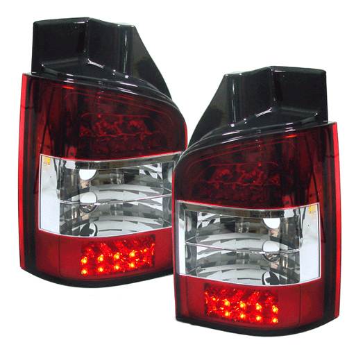 VW TRANSPORTER T5 SINGLE DOOR 03-10 REAR TAIL LIGHTS CRYSTAL RED/CLEAR LED PAIR