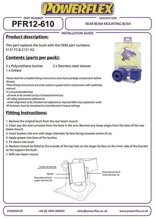 For Peugeot Partner 2008-on PowerFlex Rear Beam Bush