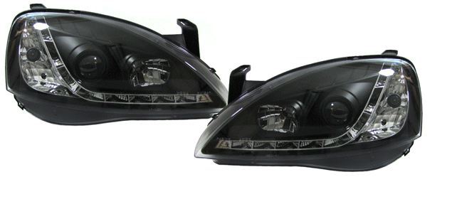VAUXHALL CORSA C MK2  10/2000-2006 BLACK DRL HEADLIGHTS PAIR