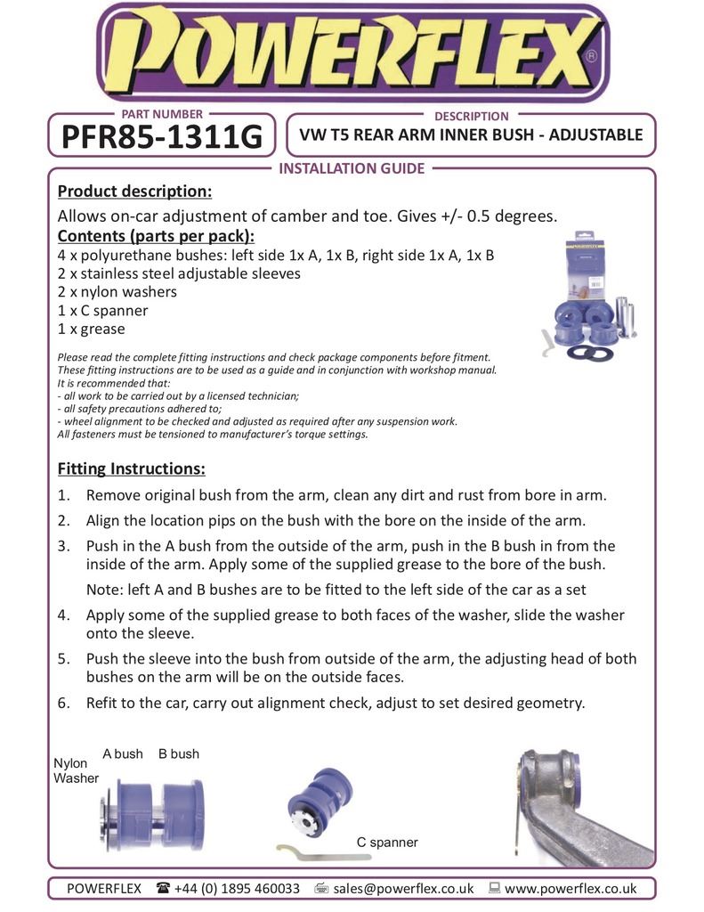 VW T6 Transporter 2015- PowerFlex Black Rear Arm Inner Bush, Adjustable
