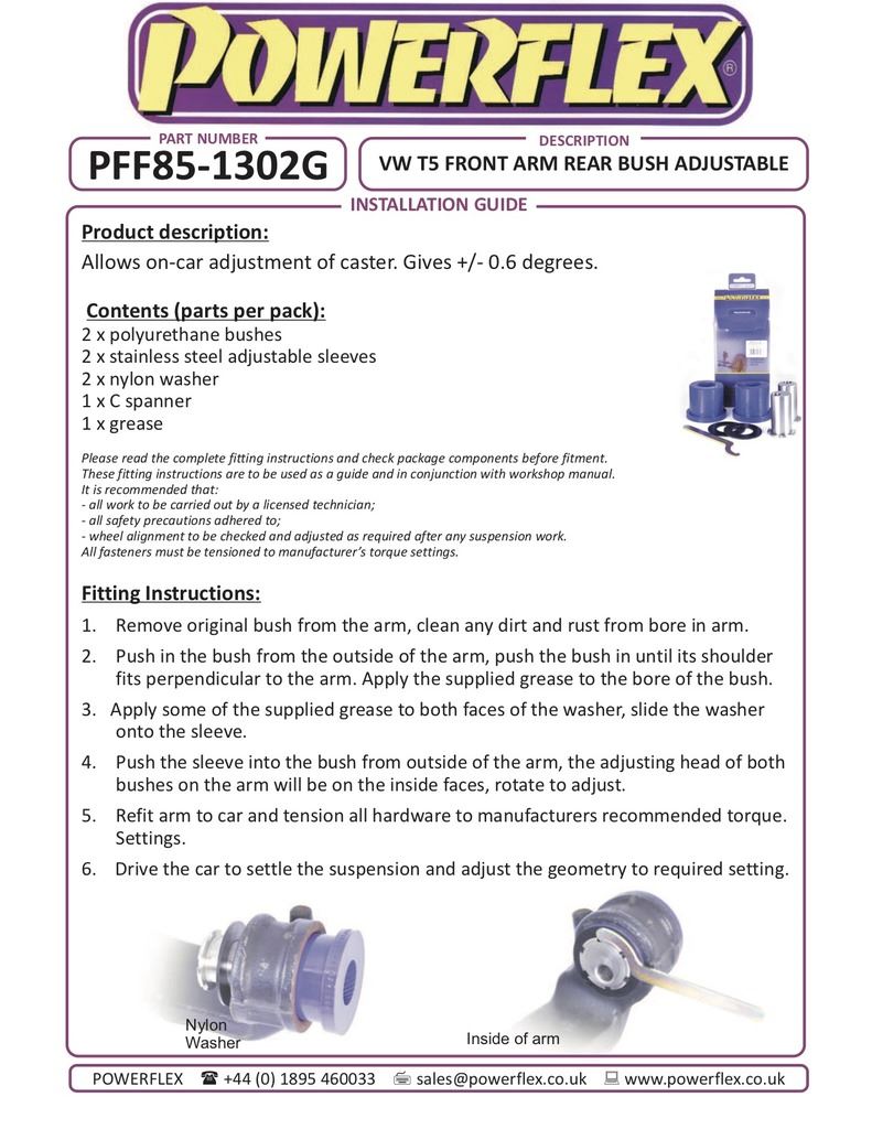 VW T6 Transporter 2015- PowerFlex Front Arm Rear Bush, Caster Adjustable