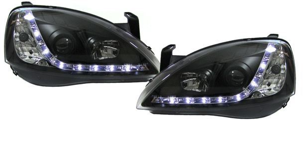 VAUXHALL CORSA C MK2  10/2000-2006 BLACK DRL HEADLIGHTS PAIR