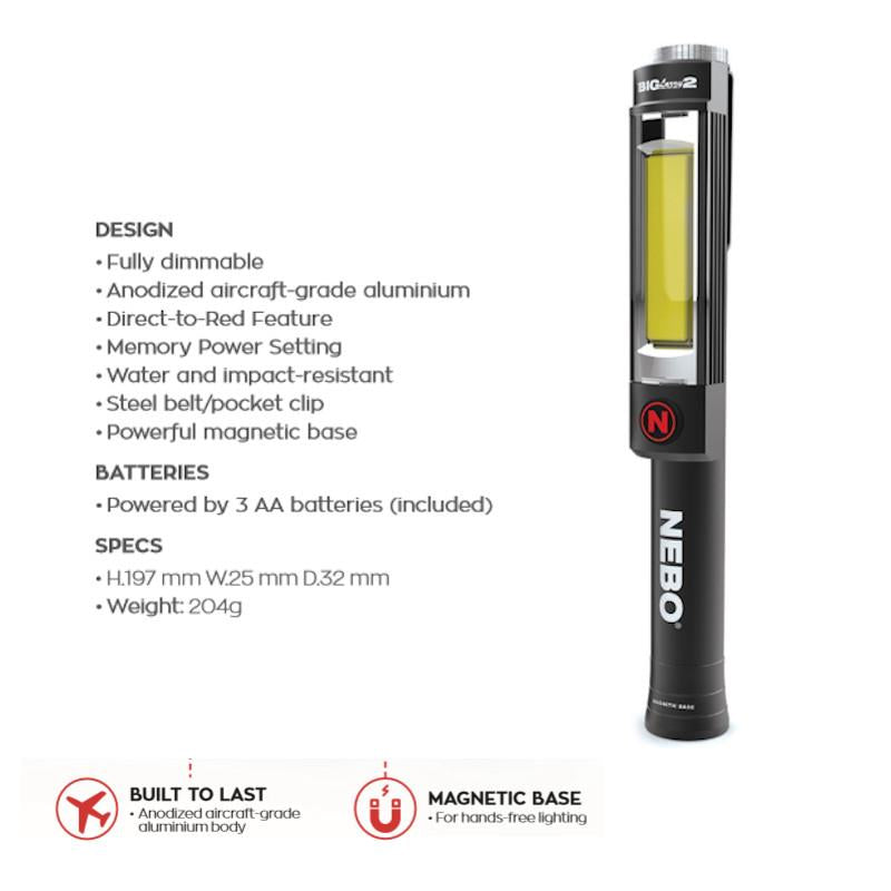 Nebo Big Larry 2 Work Torch Flash Light Black LED COB 500 Lumens 2 Year Warranty